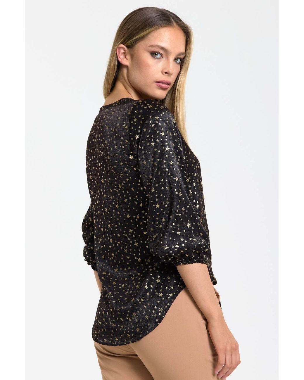 Liquorish Black Star Print Tie Front Top