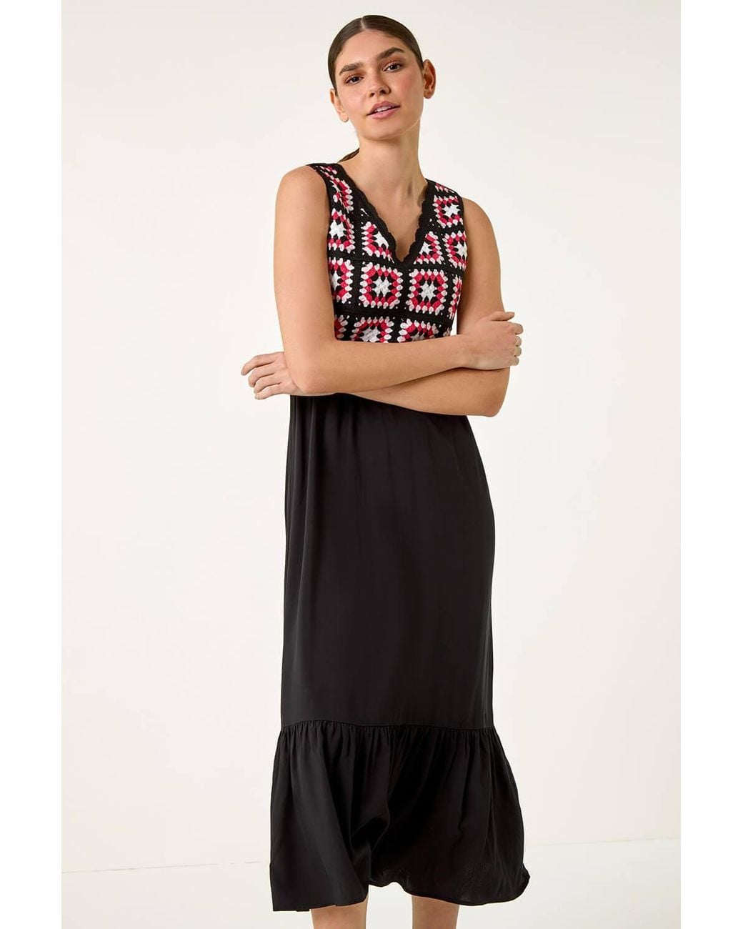 Roman Multicolor Sleeveless Crochet Fit & Flare Midi Dress