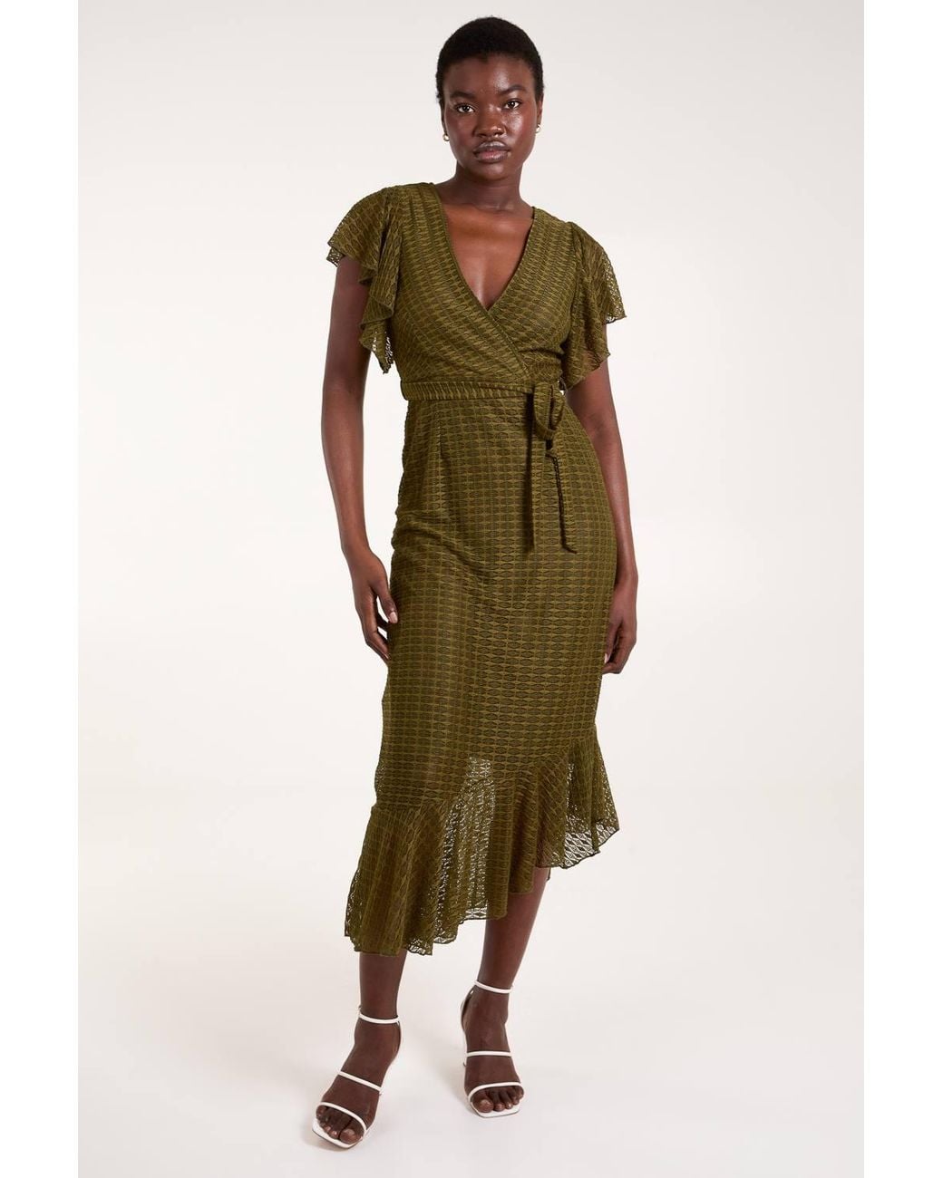 Blue Vanilla Green Lace Wrap Midi Dress