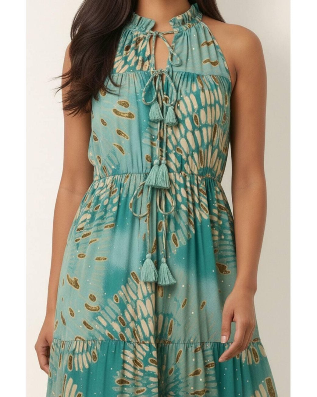 Blue Vanilla Green Sleeveless Turtleneck Maxi Dress