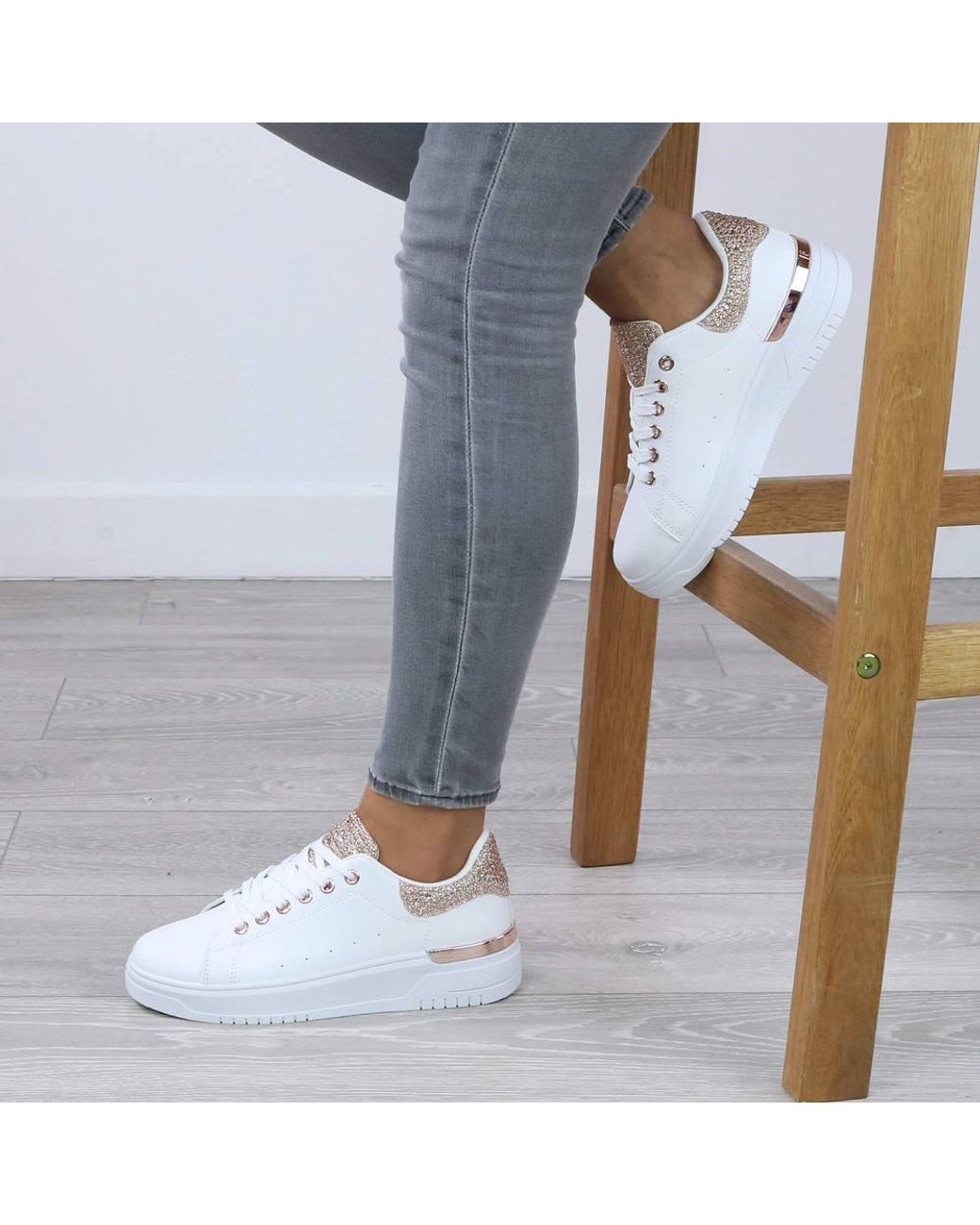 AJVANI White Flat Heel Diamante Sparkly Trainers