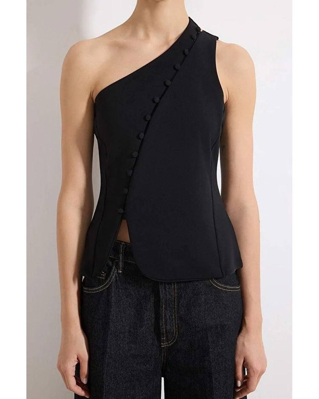 WOVCOR Black Button Detail One Shoulder Sleeveless Scuba Peplum Top
