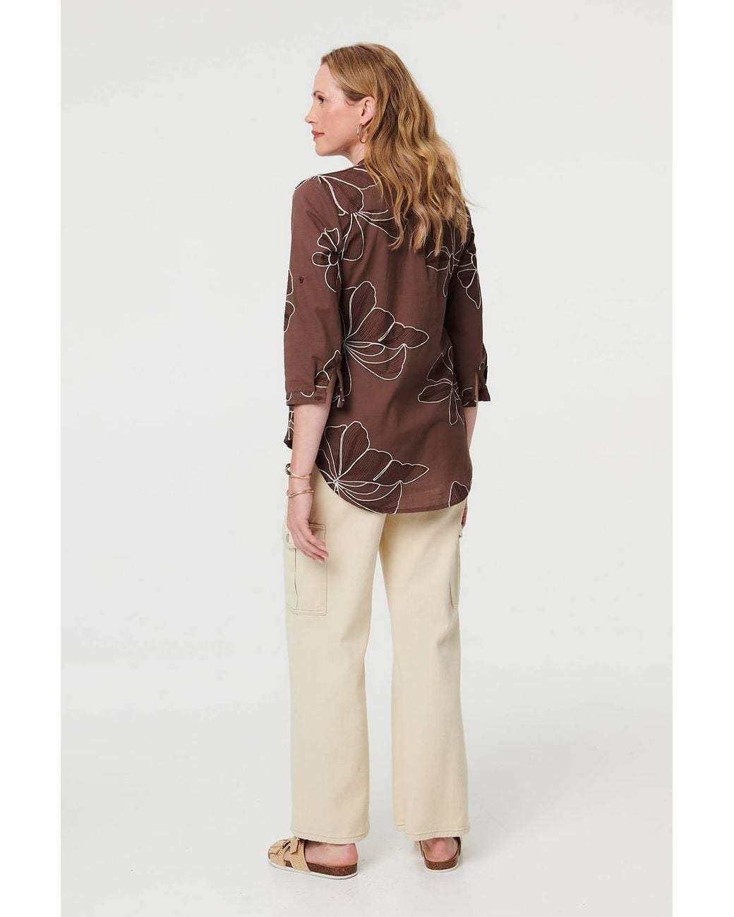 Izabel London Brown Embroidered Floral 3/4 Sleeve Blouse