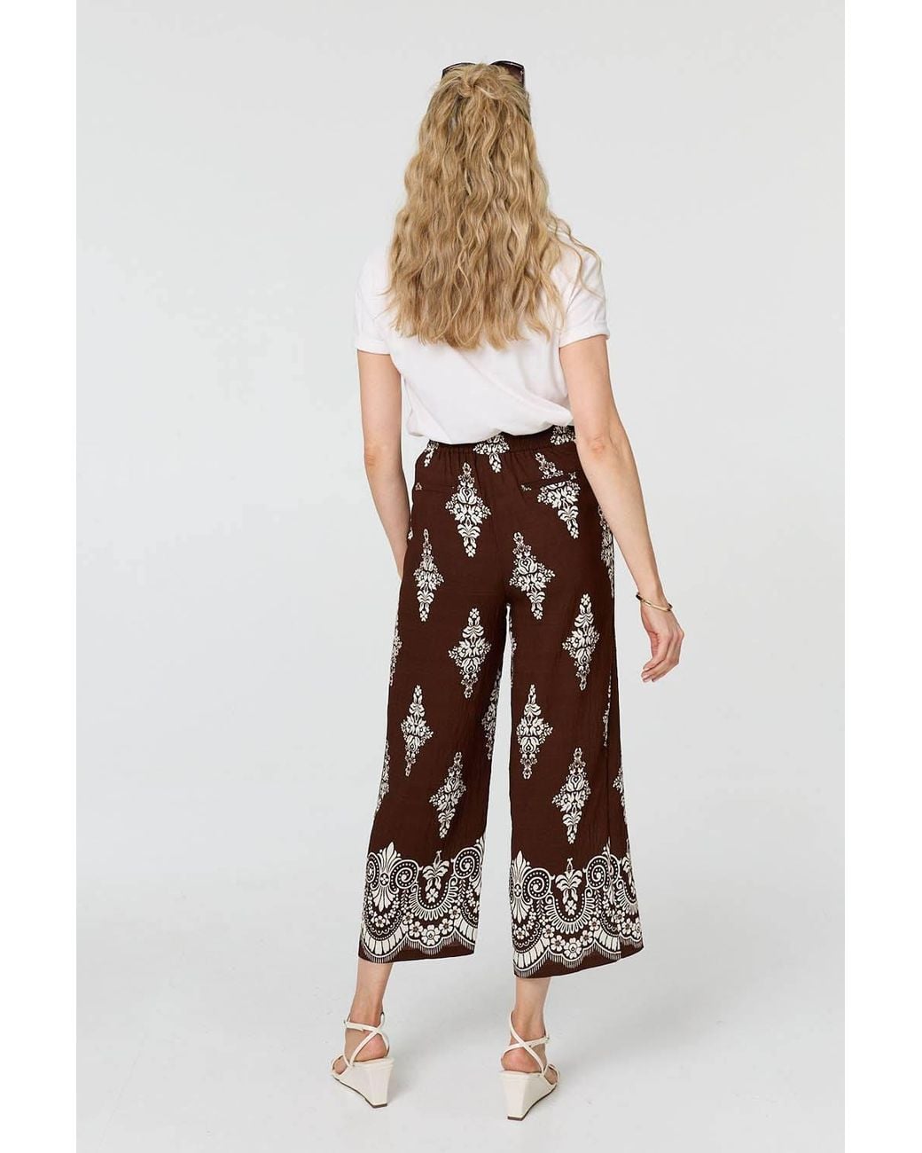 Izabel London White Border Print High Waist Wide Trousers