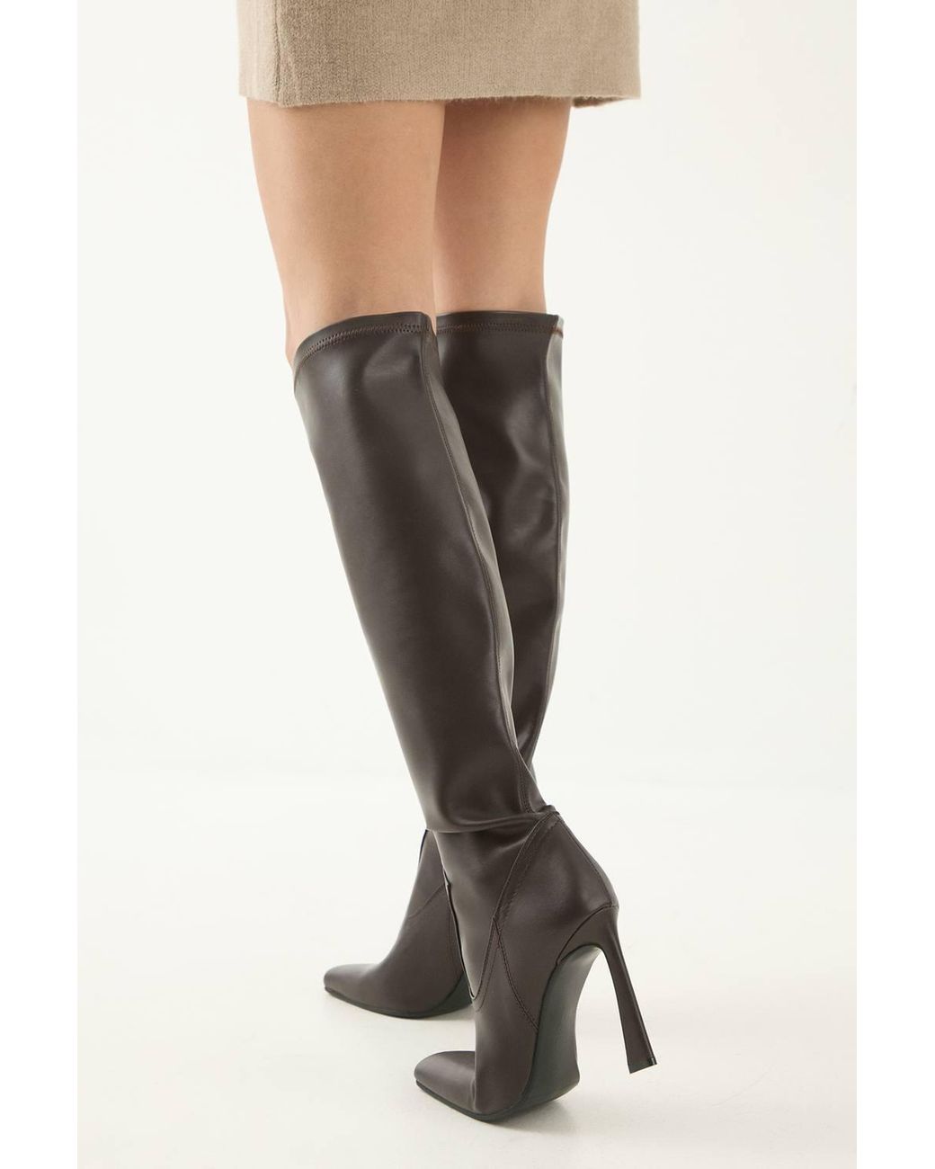 MissPap Black Faux Leather Stretch Square Toe High Flared Stiletto Heel Over The Knee Boots