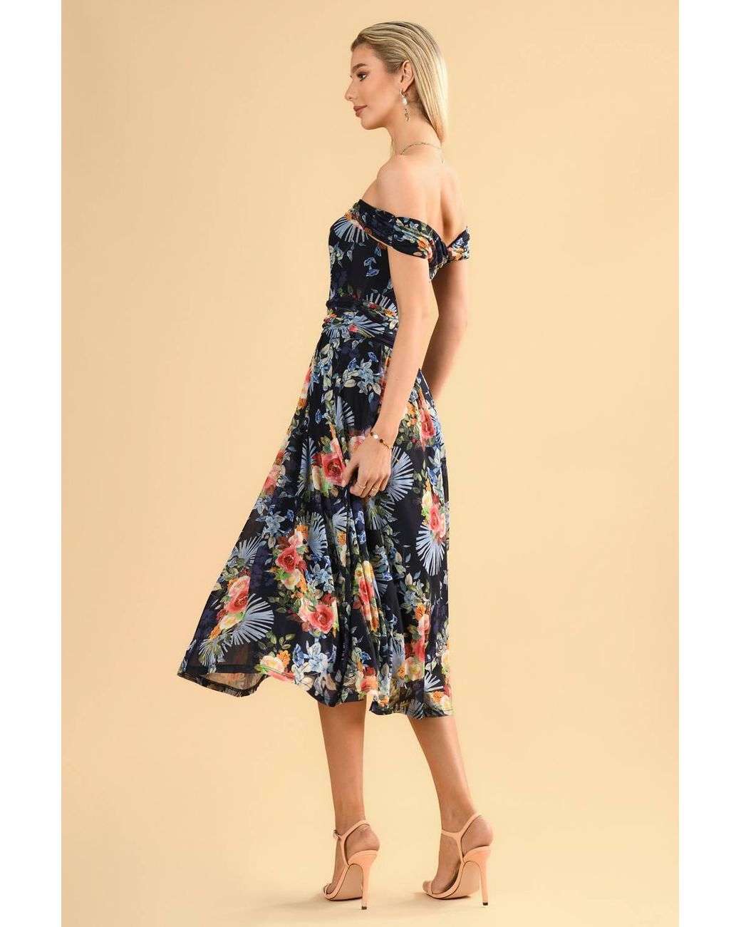 Jolie Moi Blue Rezka Shoulder Mesh Midi Dress