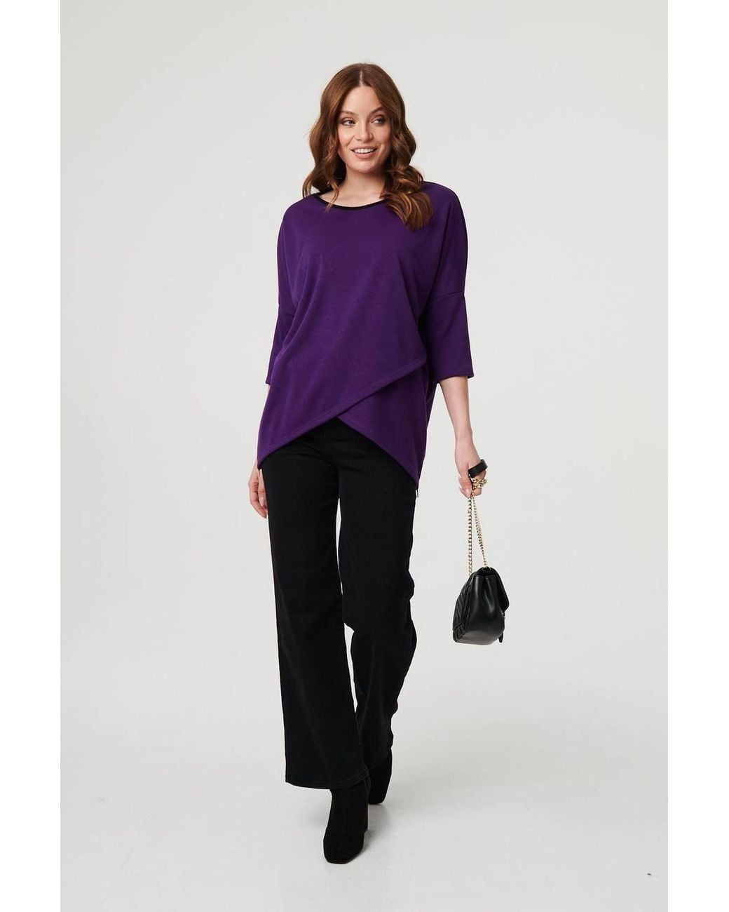 Izabel London Purple Asymmetric Zip Hem 3/4 Sleeve Tunic Top