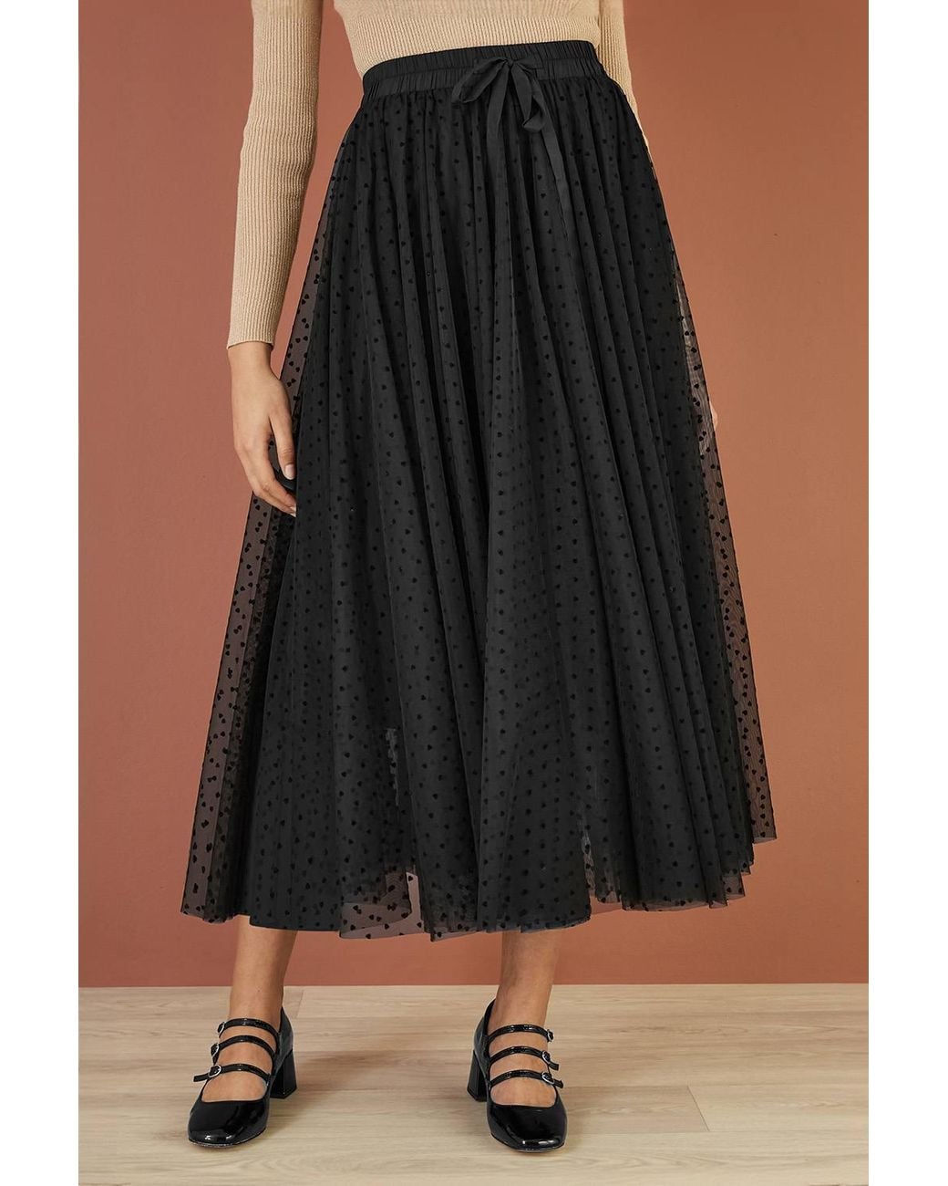Yumi' Black Mesh Heart Print Tulle Skirt