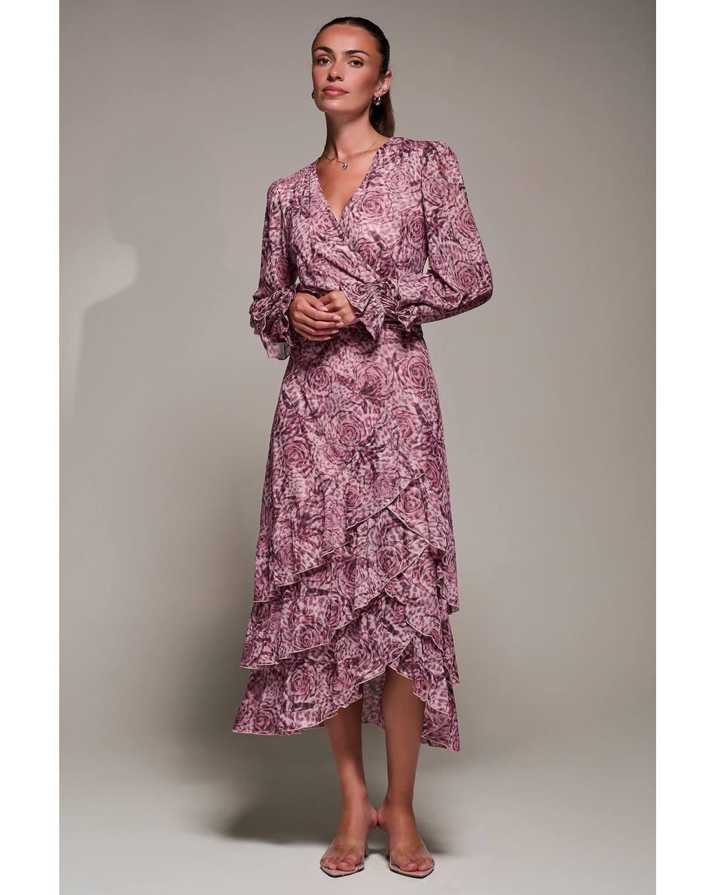 Jolie Moi Pink Long Sleeve Frill Detail Mesh Maxi Dress