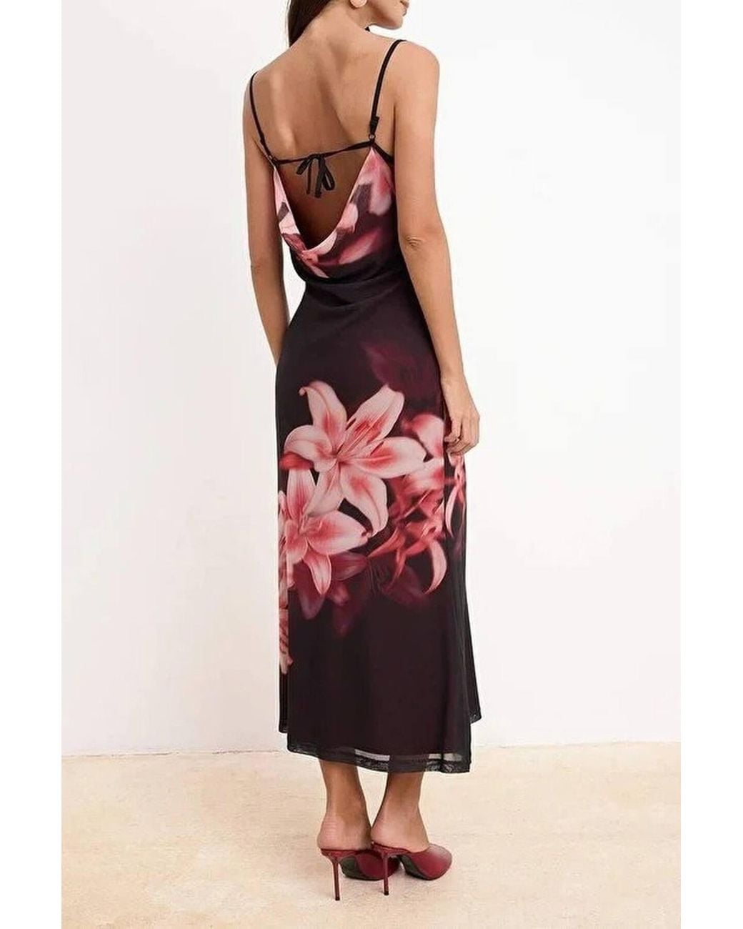 WOVCOR Red Floral Print Strappy Fishtail Maxi Dress W/ Sheer Hem