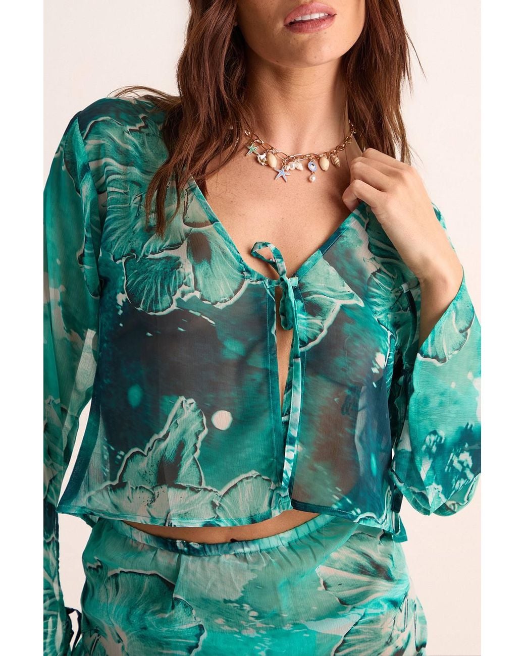 Nasty Gal Blue Floral Tie Dye Tie Front Beach Top