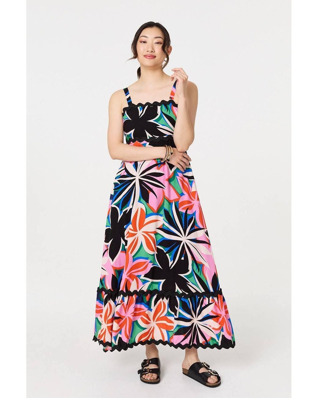 Izabel London Pink Floral Wave Trim Sleeveless Maxi Dress
