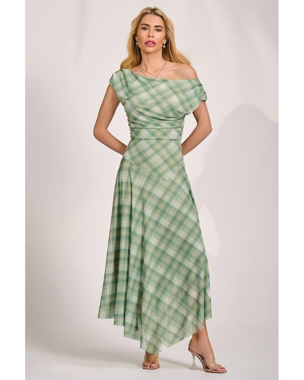 Jolie Moi Green Asymmetric Draped Mesh Maxi Dress