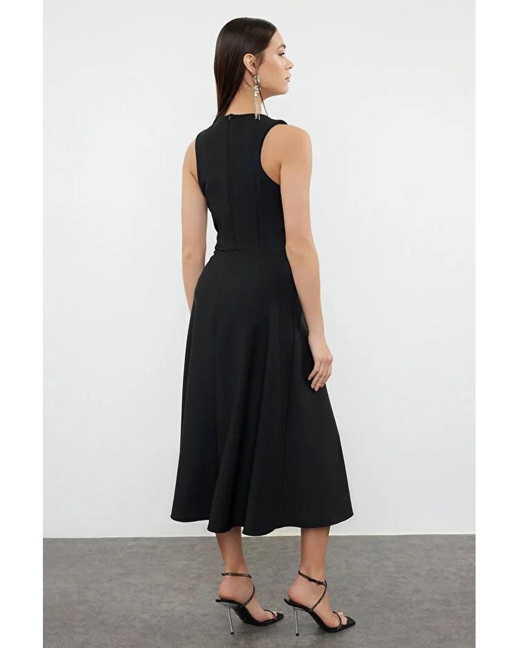 WOVCOR Black Embellished Neck Sleeveless Midi Skater Dress