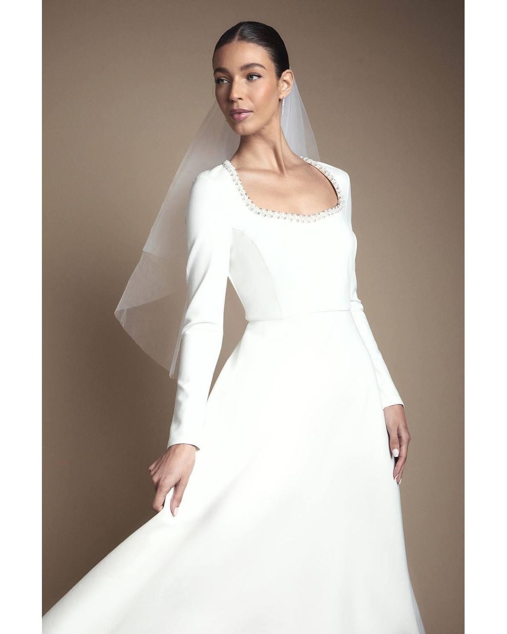 Coast Brown Crystal Trim Ponte Long Sleeve Midi Wedding Dress