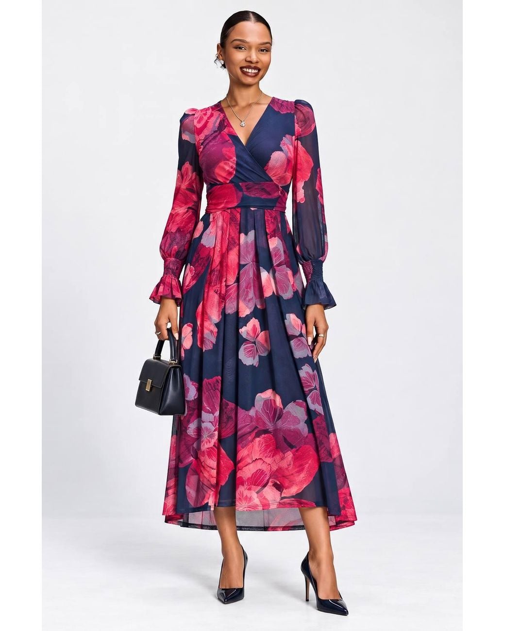 Jolie Moi Red Long Sleeve V Neck Mesh Maxi Dress