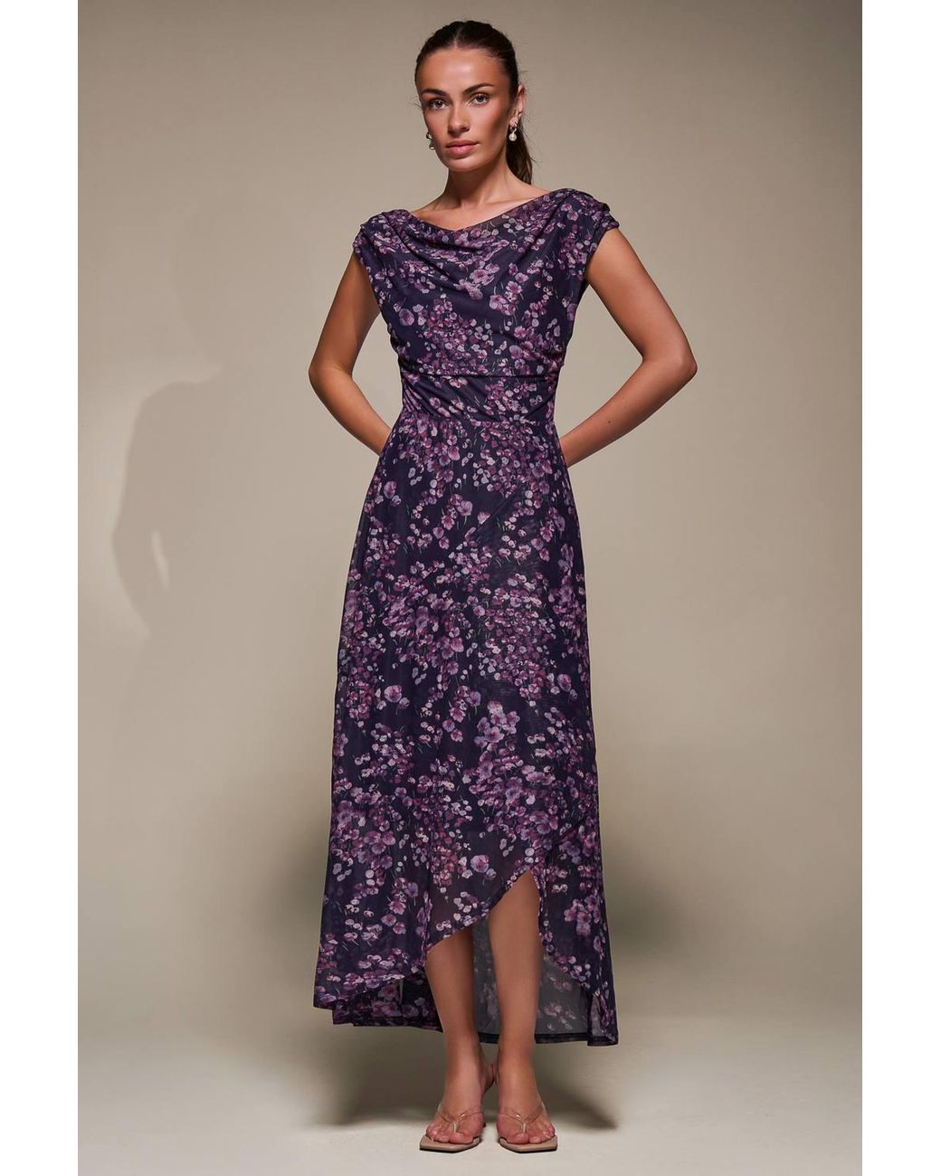 Jolie Moi Multicolor Asymmetric Draped Mesh Maxi Dress