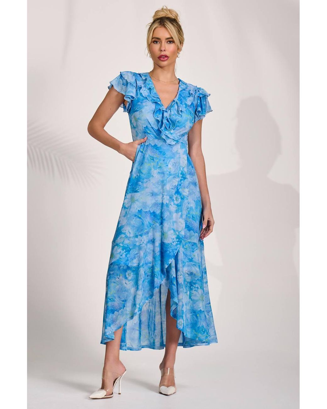 Jolie Moi Blue Ruffled Mesh Maxi Dress