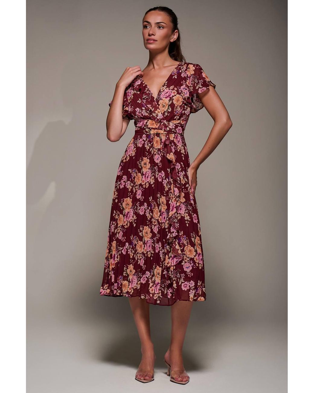 Jolie Moi Red Printed Ruffle Detail Pleated Chiffon Midi Dress