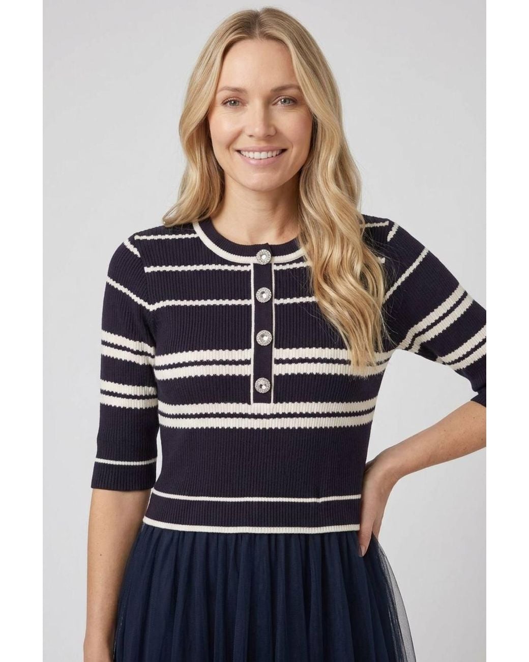 Izabel London Blue Striped Knit Mesh Texture Midi Dress