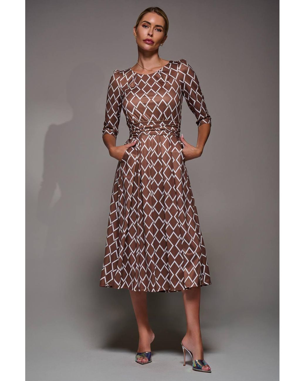 Jolie Moi Brown Three Quarter Sleeve Jersey Midi Dress