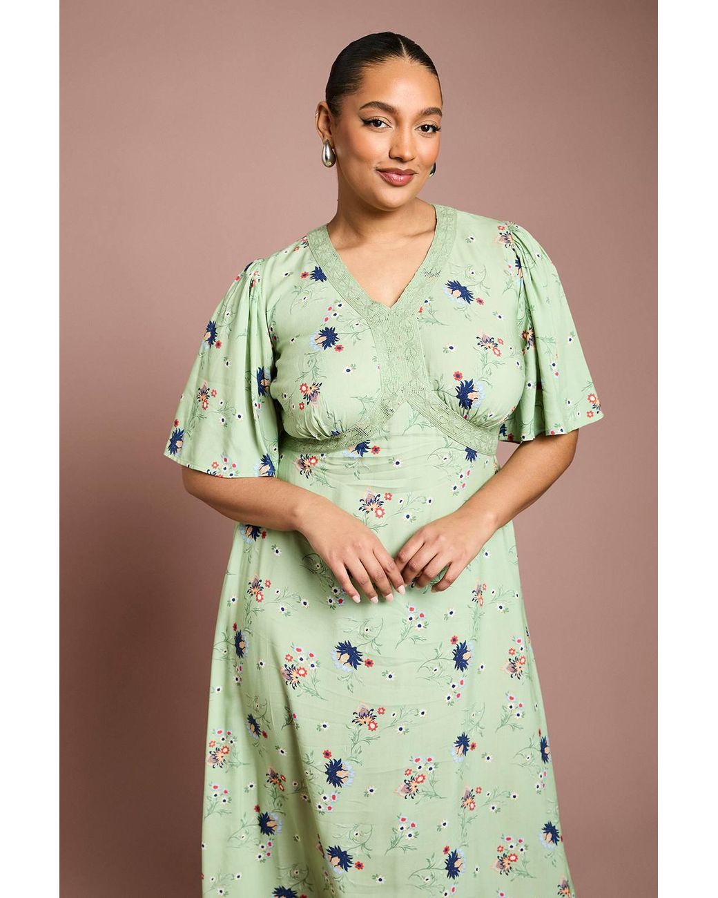 Dorothy Perkins Green Plus Angel Sleeve Lace Trim Midi Dress