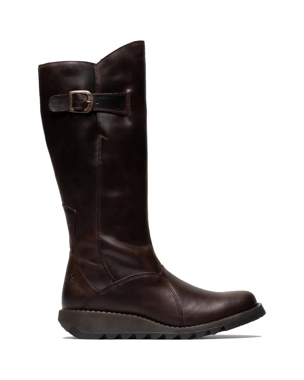 Infinity Leather Black Fly London Mol 2 Leather Wedge Heel Knee High Zip-Up Boots