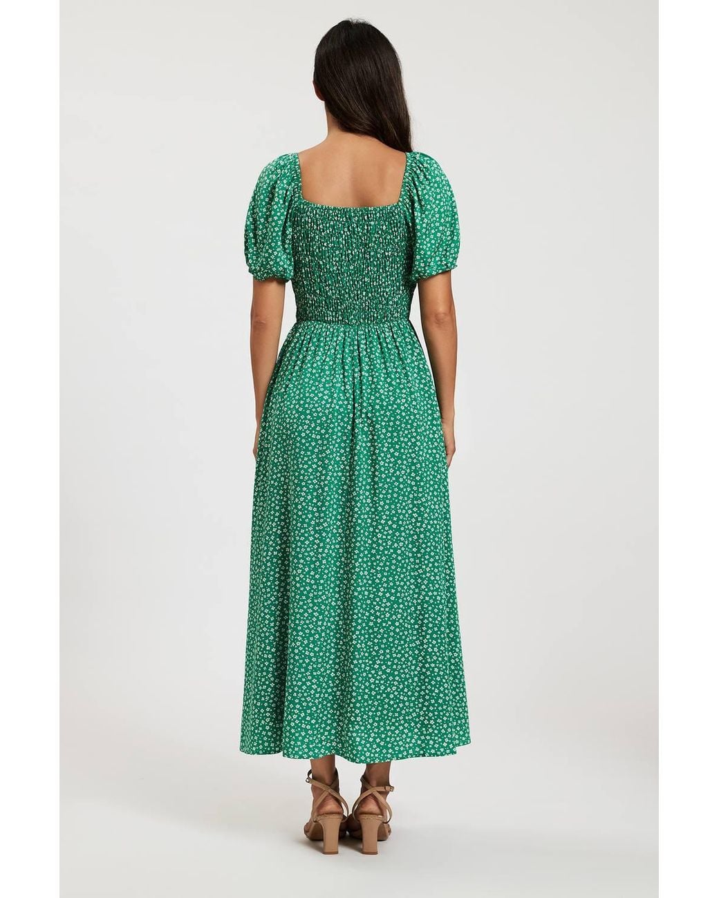 FS Collection Green Floral Shirred Square Neck Midi Dress W/ Puff Sleeves