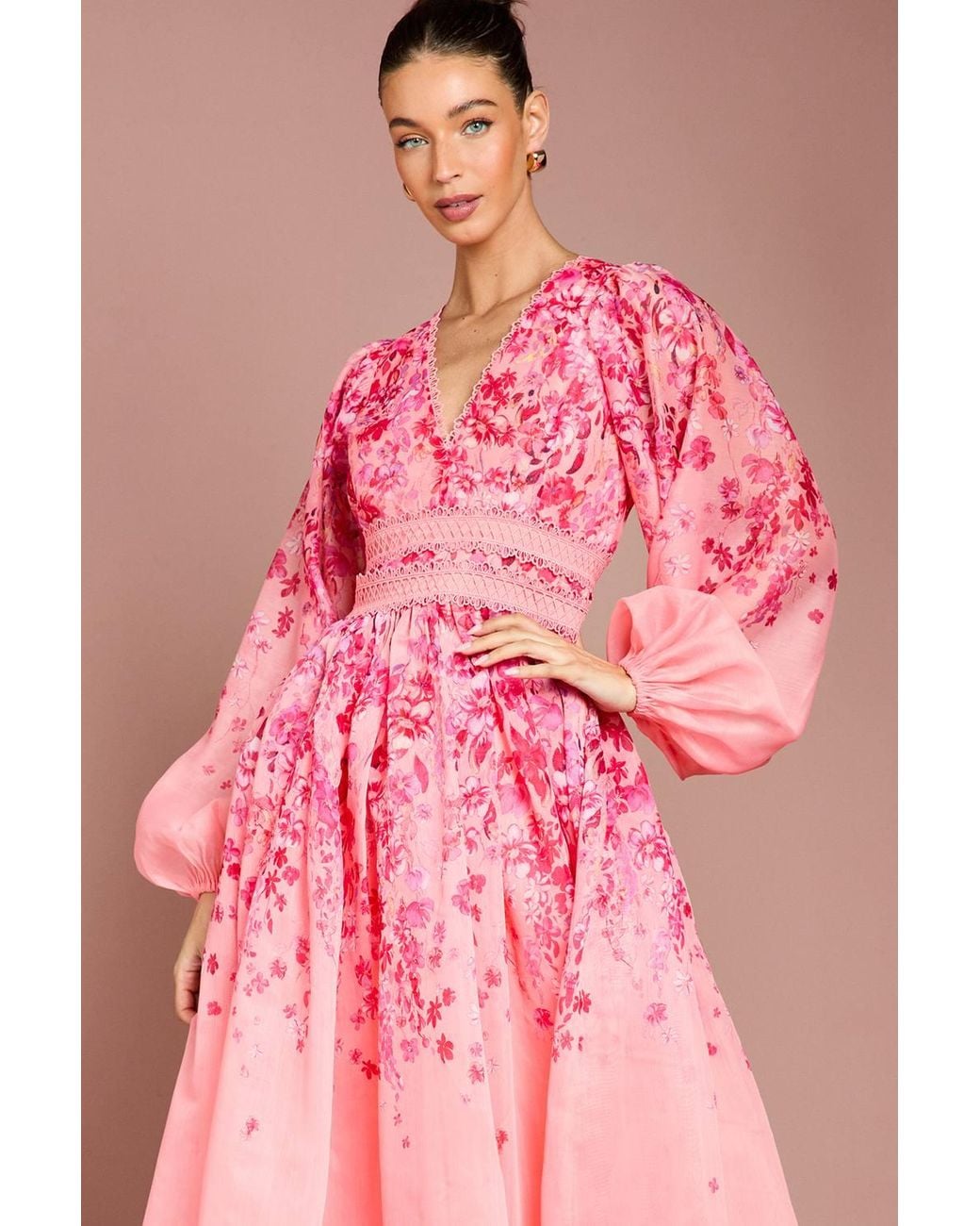 Coast Pink Organza Floral Placement Lace Trim Midaxi Dress