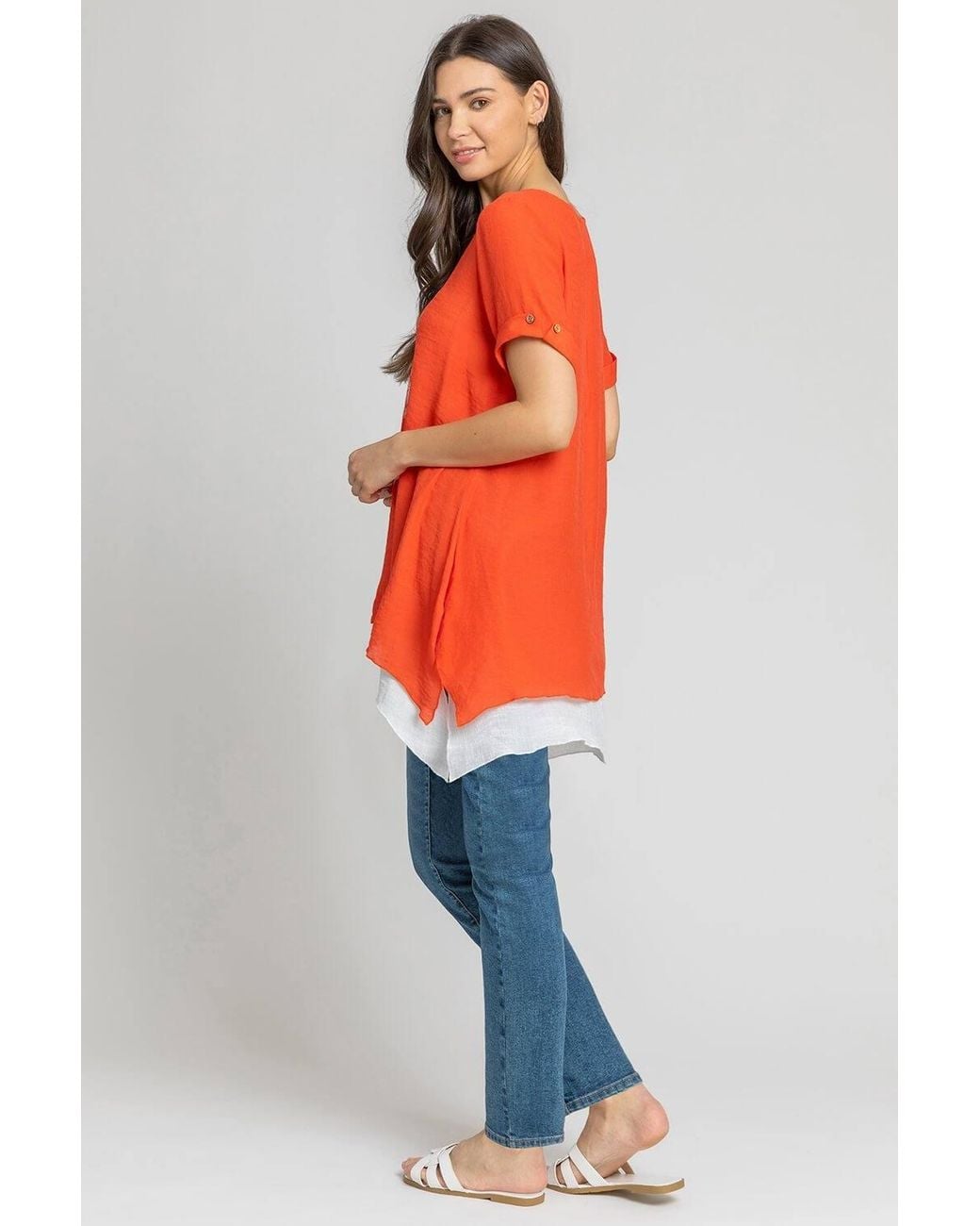 Roman Orange Dandelion Floral Hanky Hem Tunic Top