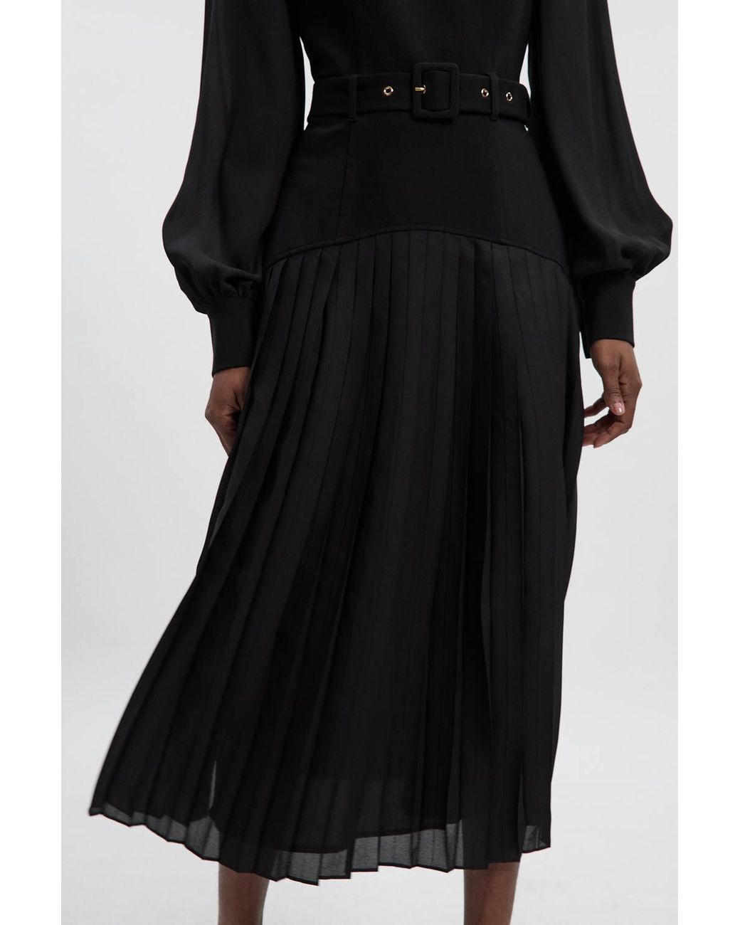 Karen Millen Black Ponte And Georgette Mix Balloon Sleeve Cut Out Detail Pleated Maxi Dress