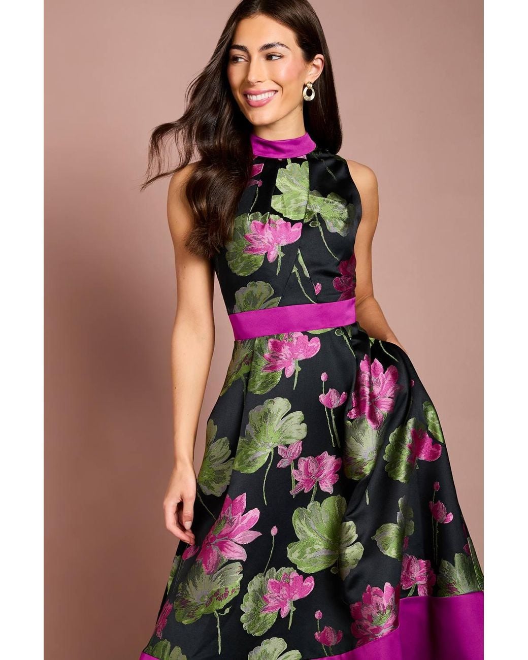 Coast Pink Jacquard Sleeveless Midi Dress With Satin Waistband