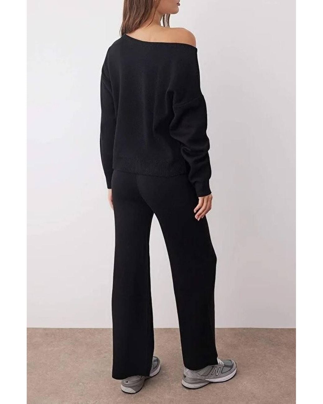 WOVCOR Black Boat Neck Knit Sweater & Wide Leg Trousers Co-Ord Set