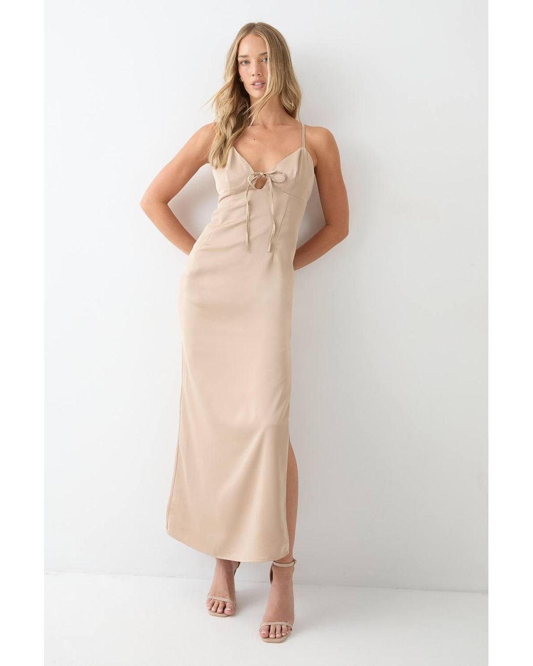 MissPap Natural Tie Detail Strappy Satin Maxi Dress