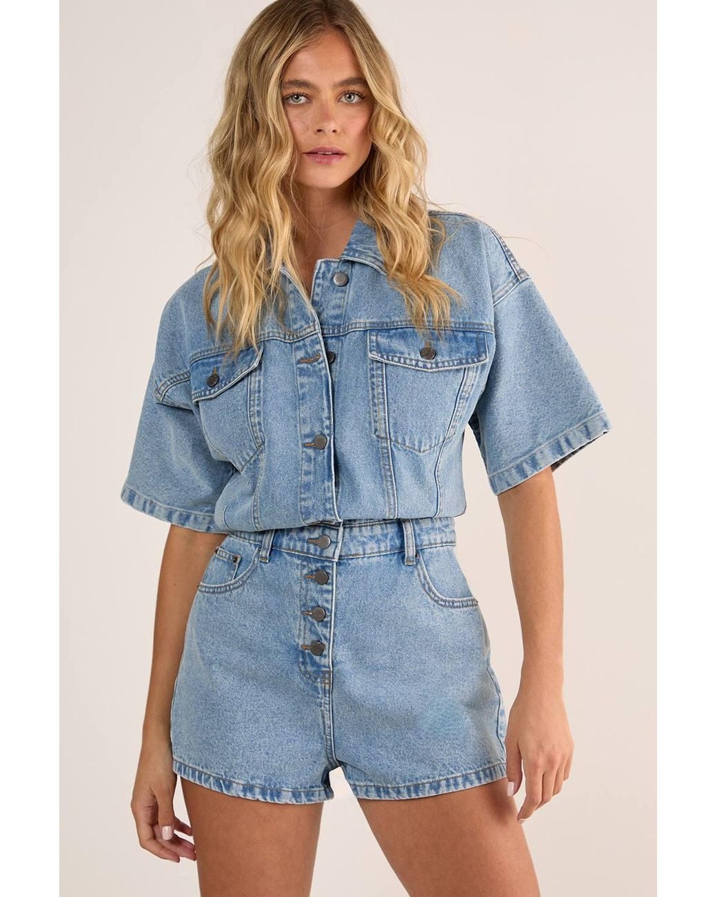 Nasty Gal Blue Denim Button Through Romper