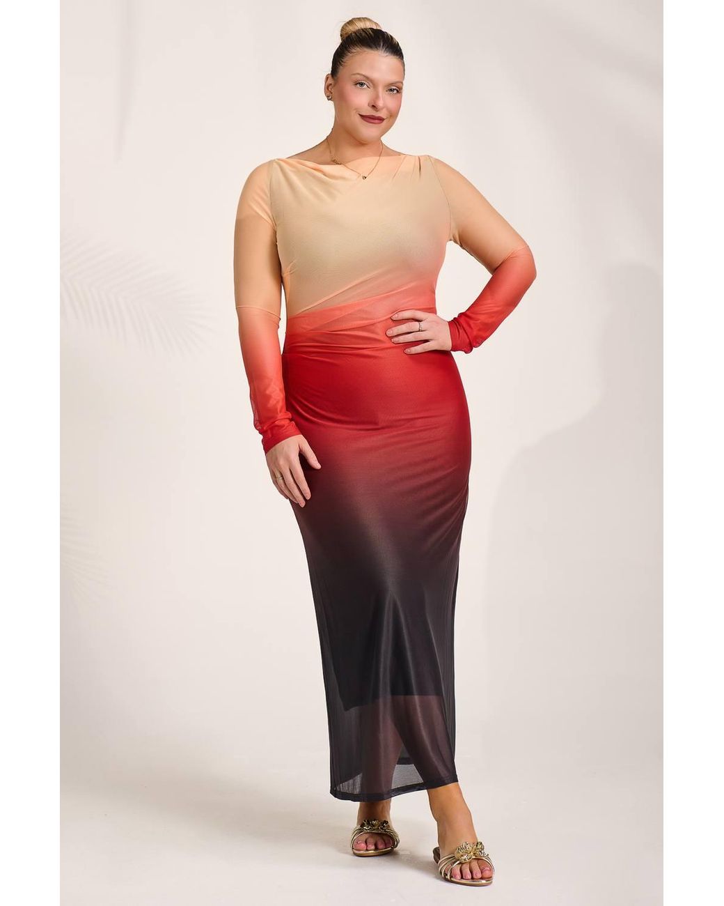 Jolie Moi Red Long Sleeve Slash Neck Mesh Maxi Dress