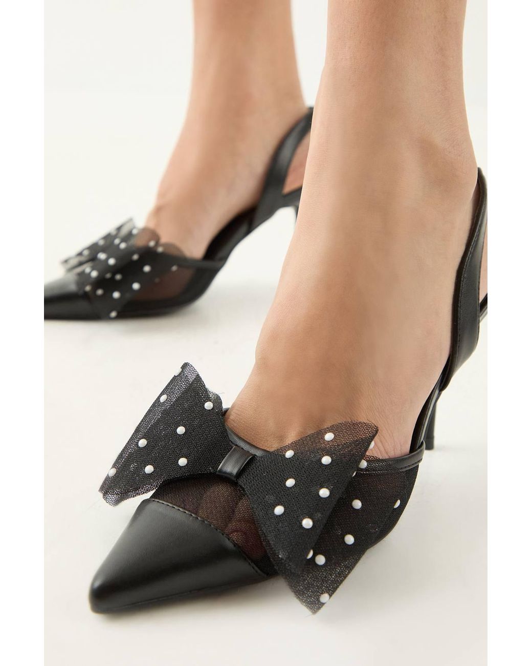 MissPap Natural Polka Dot Mesh Bow High Stiletto Heel Slingback Court Shoes