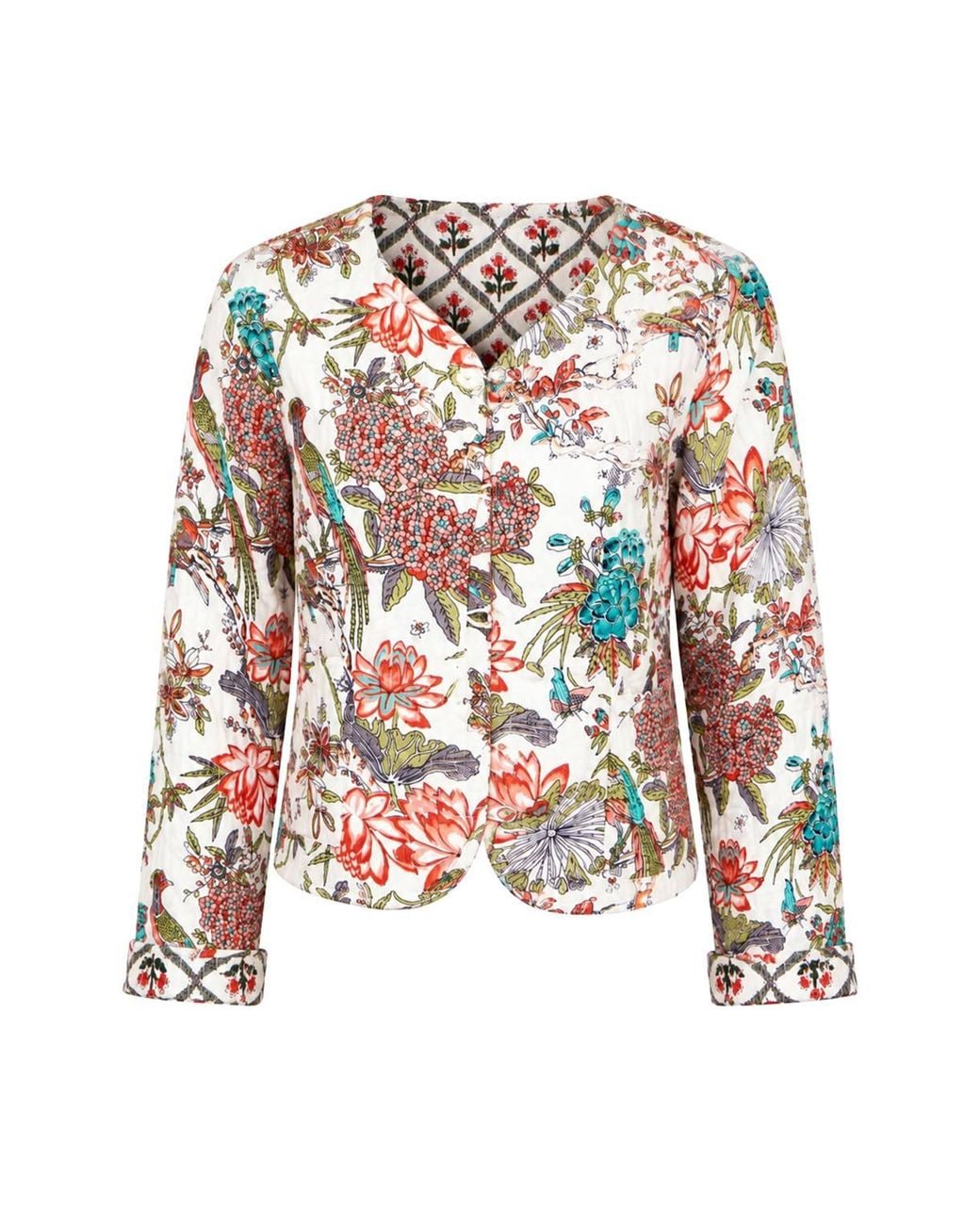 Yumi' Blue Peacock Print Reversible Cotton Quilted Jacket