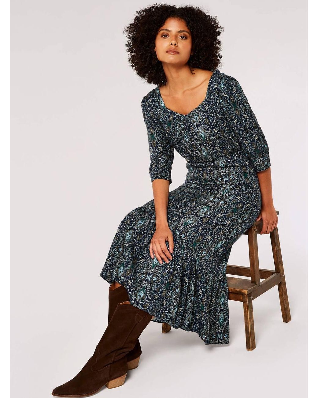 Apricot Blue Paisley Print Midi Dress
