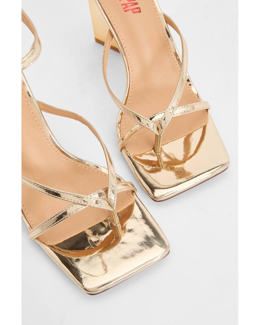 MissPap Brown Faux Metallic Leather Cross Strap Toe Post High Block Heel Sandals