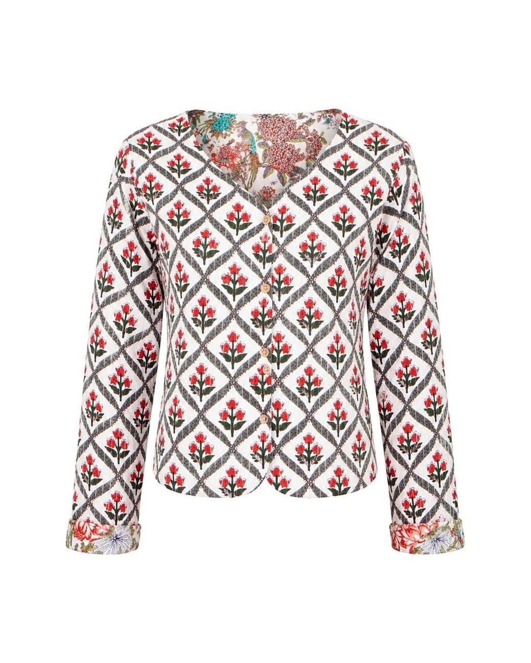 Yumi' Blue Peacock Print Reversible Cotton Quilted Jacket