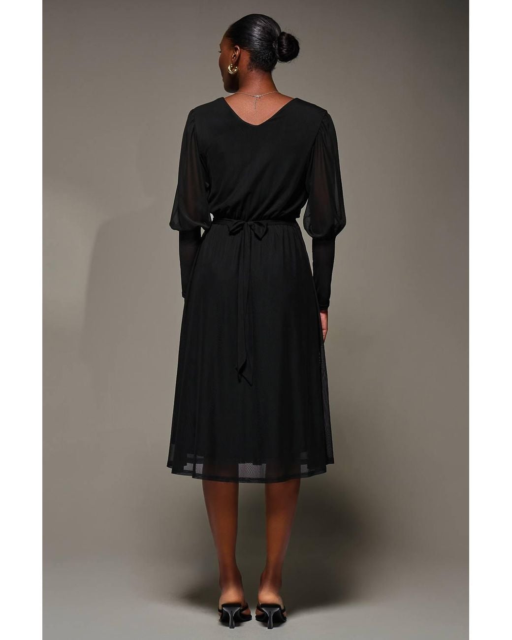 Jolie Moi Black Mesh Long Puff Sleeve Wrap Midi Dress