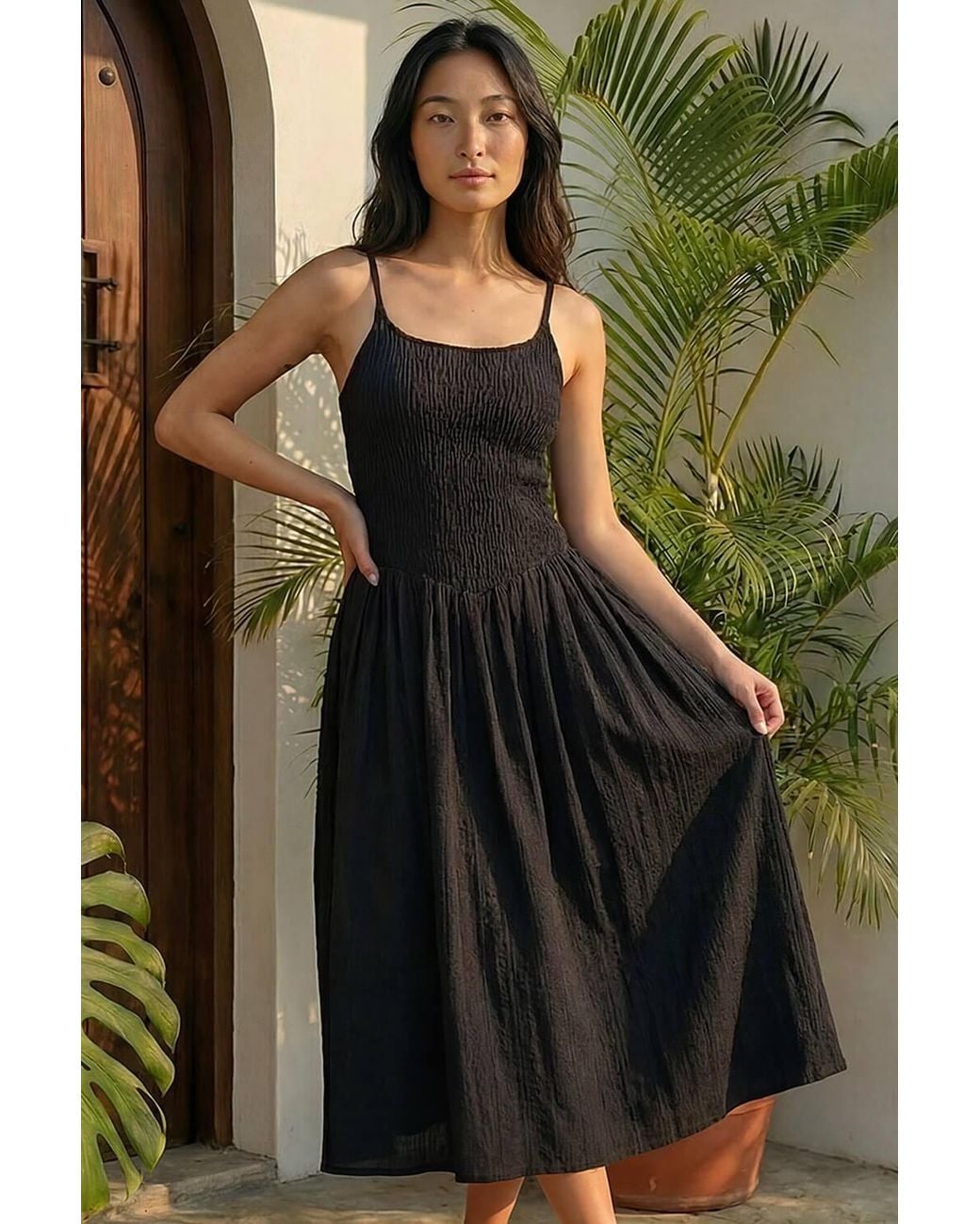 Roman Black Petite Shirred Bodice Midi Dress