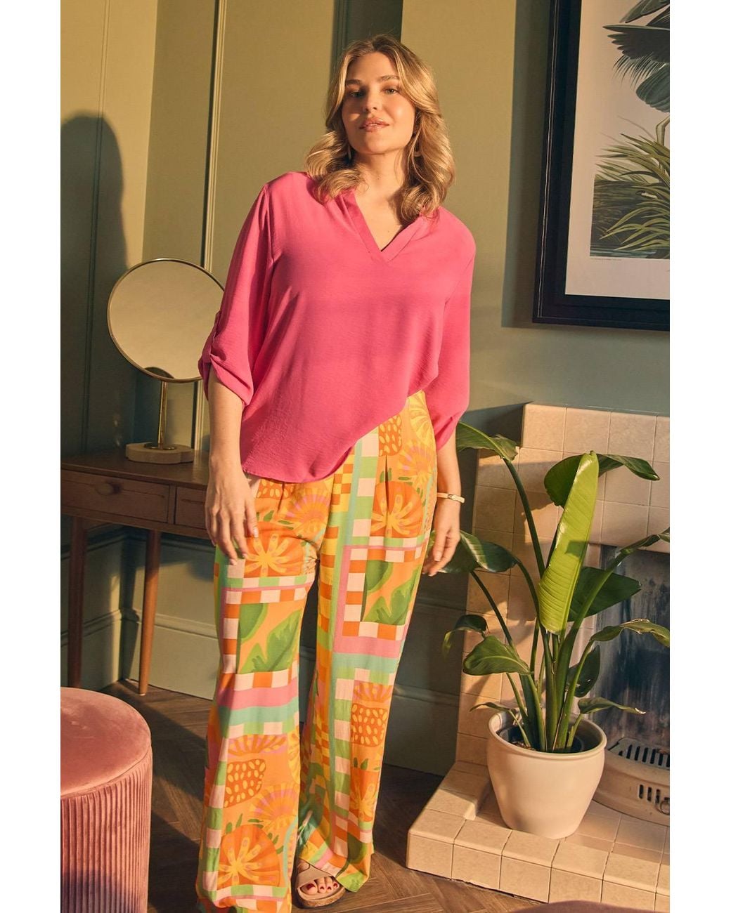 Izabel London Orange Tropical Tile Print Wide Leg Trousers