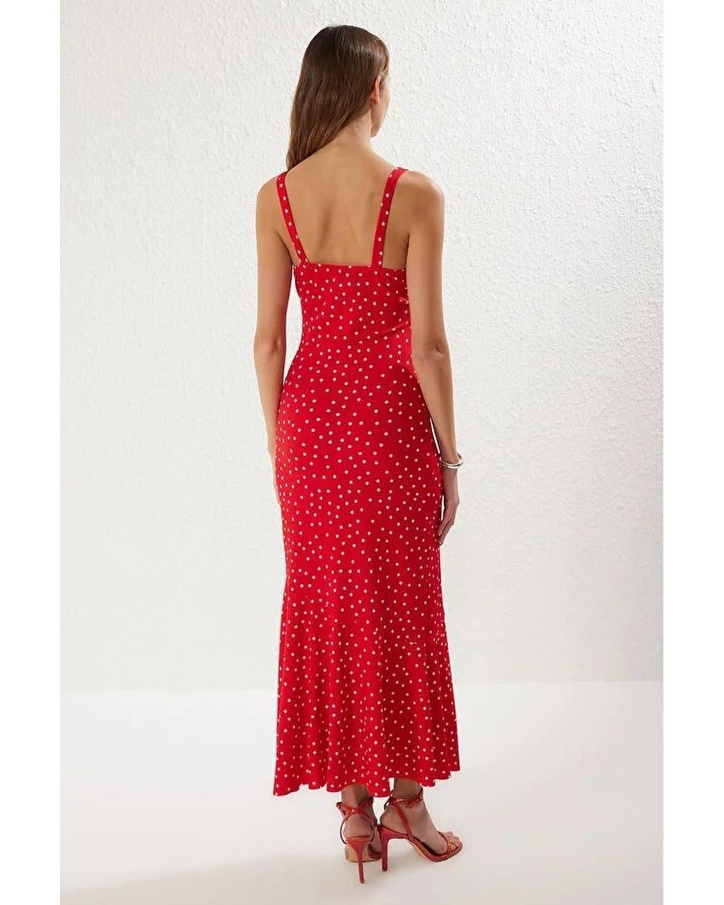 WOVCOR Red Polka Dot Strappy Bodycon Maxi Dress W/ Frill Hem