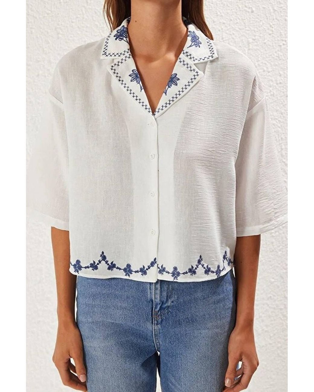 WOVCOR Blue Embroidered Relaxed Fit Short Sleeve Summer Shirt