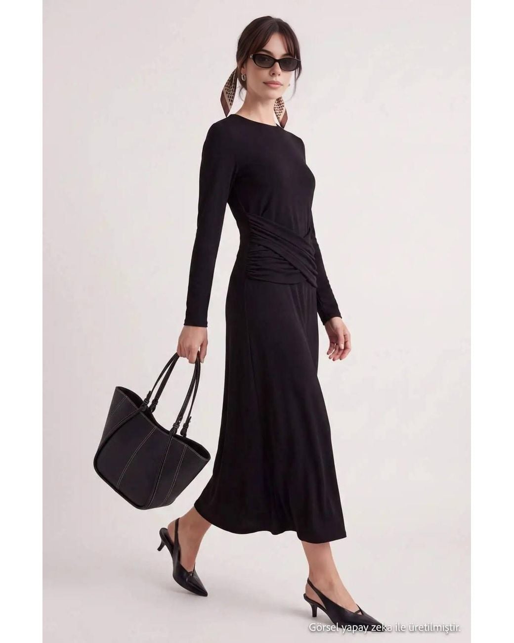 WOVCOR Black High Neck Long Sleeve A-Line Maxi Dress