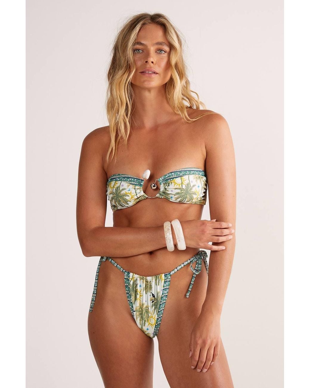 Nasty Gal Brown Palm Tree Bandeau Trim Detail Tie Bikini Set