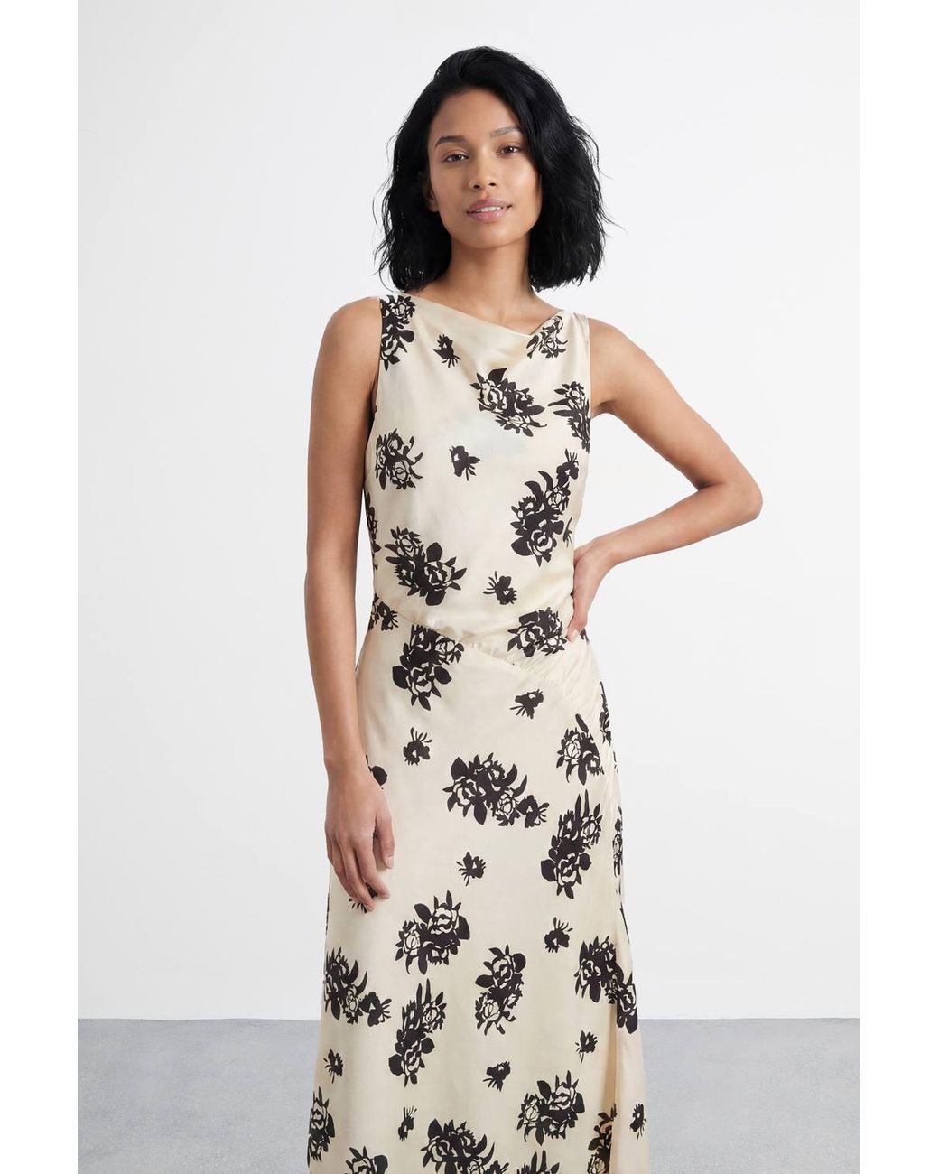 Warehouse White Petite Floral Printed Racer Neck Seam Detail Bias Maxi Dress