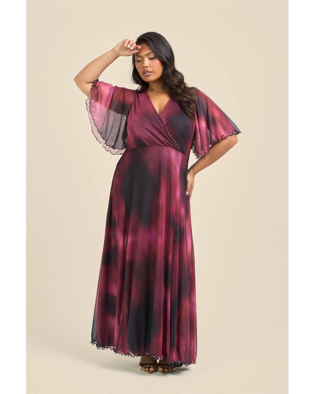 FASHION-SZN Red Curve Angel Sleeve Wrap Front Maxi Dress